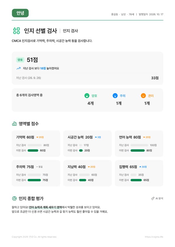 인지기능 평가 리포트 — 영역별 점수, 이전 검사 비교